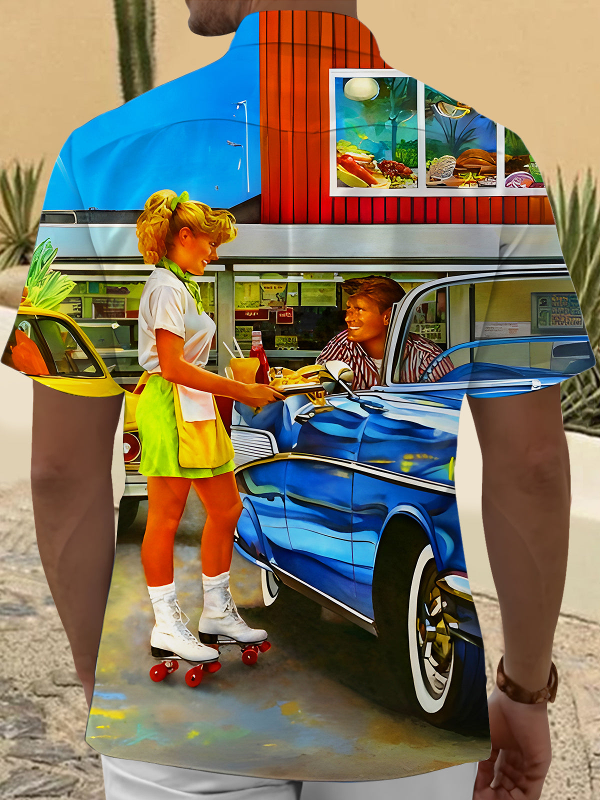 Retro Fun Fast Food Drive-in Restaurant Roller-skating Waitstaff Men's Pocket Short Sleeve Shirts
