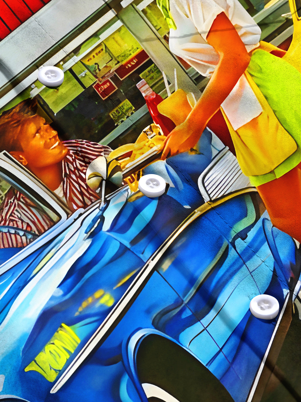 Retro Fun Fast Food Drive-in Restaurant Roller-skating Waitstaff Men's Pocket Short Sleeve Shirts