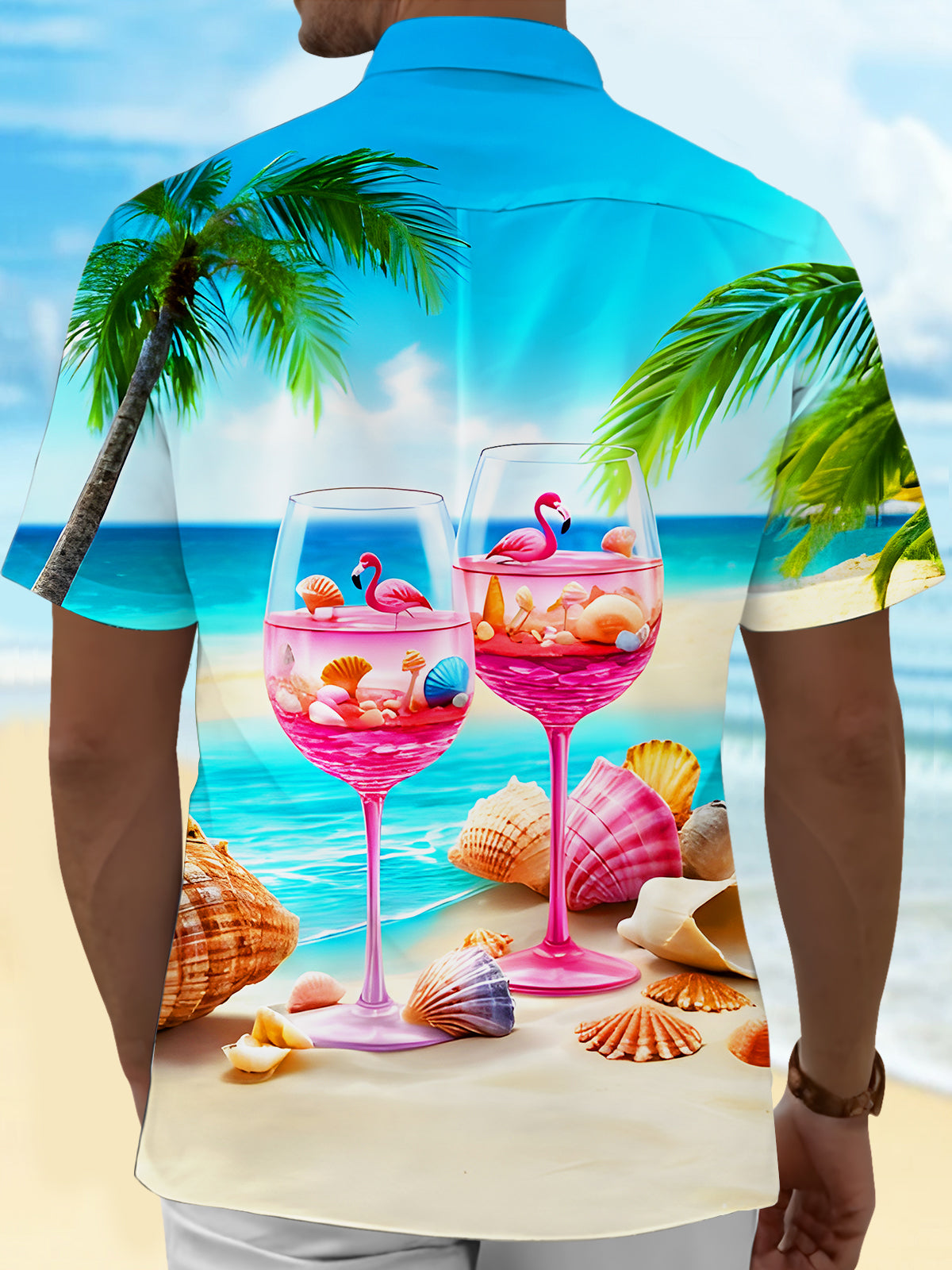 Hawaii Palm Trees Fun Flamingos Wine Glasses Beach Shells Men's Pocket Short Sleeve Shirts