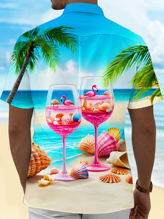 Men's back view short sleeve shirt with palm trees and beach shells print