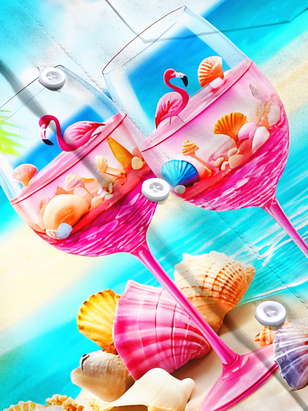Hawaii Palm Trees Fun Flamingos Wine Glasses Beach Shells Men's Pocket Short Sleeve Shirts