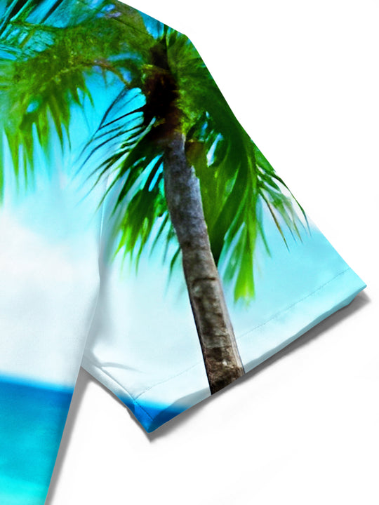 Men's short sleeve shirt with palm tree print and flamingo detail close-up