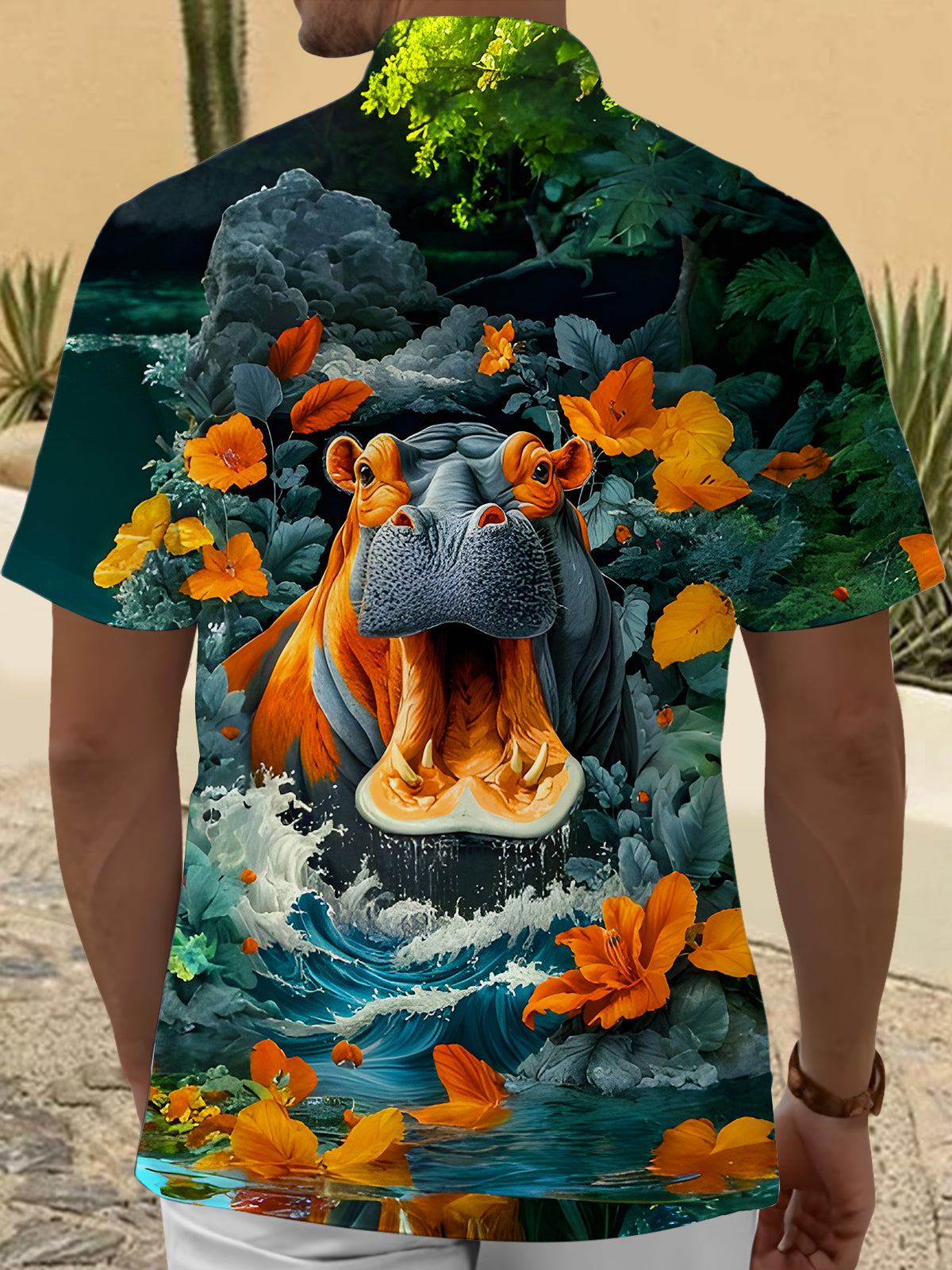 Fun Open-mouthed Hippopotamus Flower Petals Waves Men's Pocket Short Sleeve Shirts