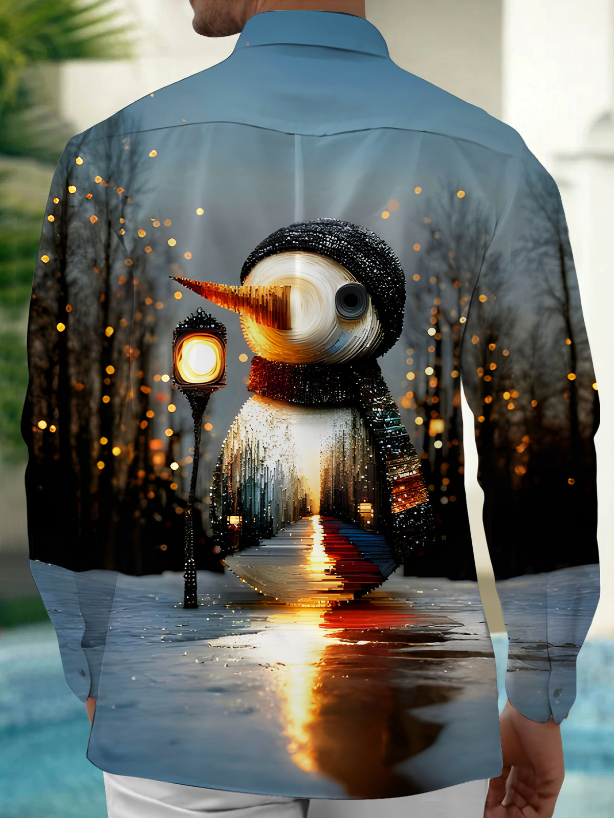 Fun Snowman Street Scene Men's Pocket Long Sleeve Shirts