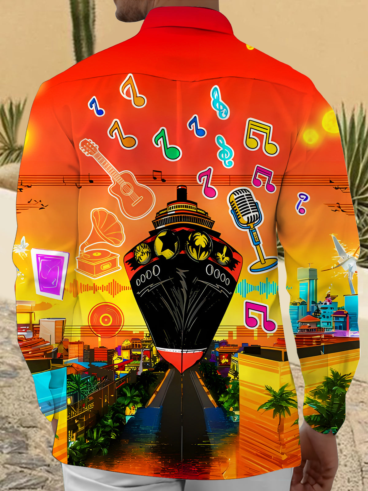 Fun Music Instruments Notes Cruise Ship Cityscape Men's Pocket Long Sleeve Shirts