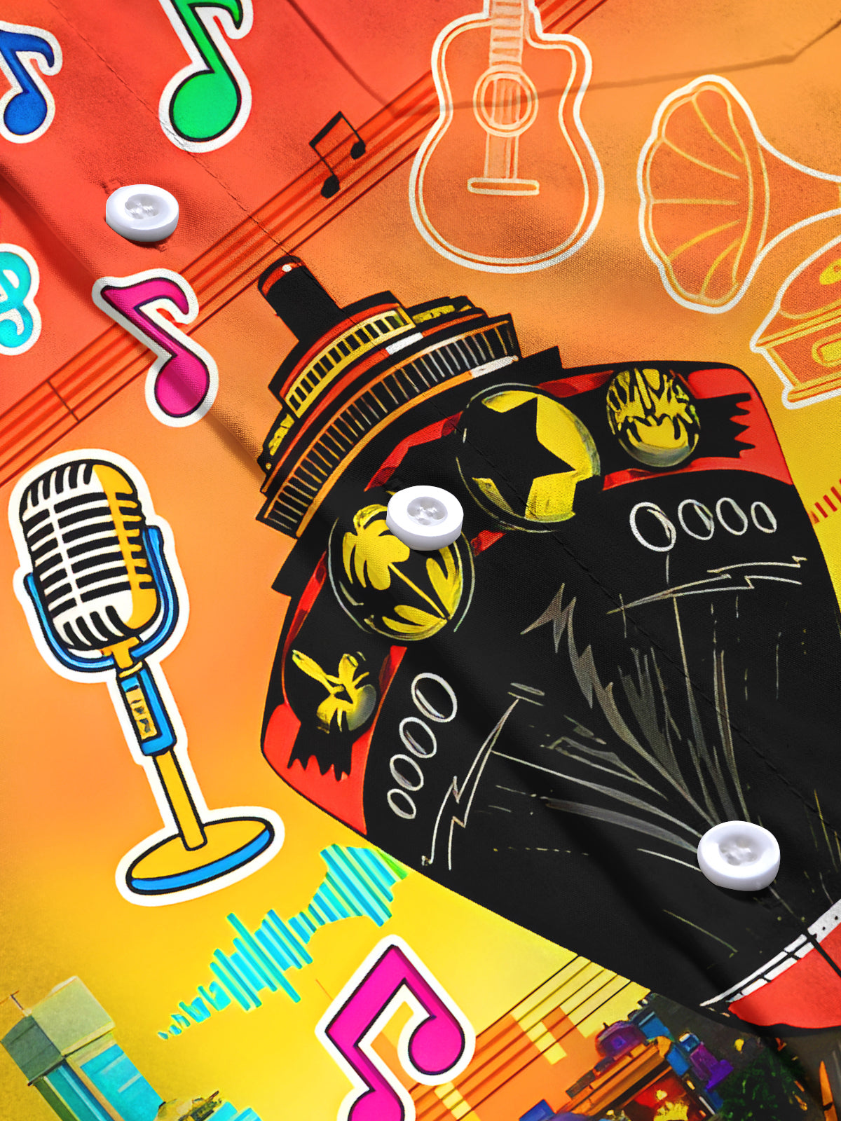 Fun Music Instruments Notes Cruise Ship Cityscape Men's Pocket Long Sleeve Shirts