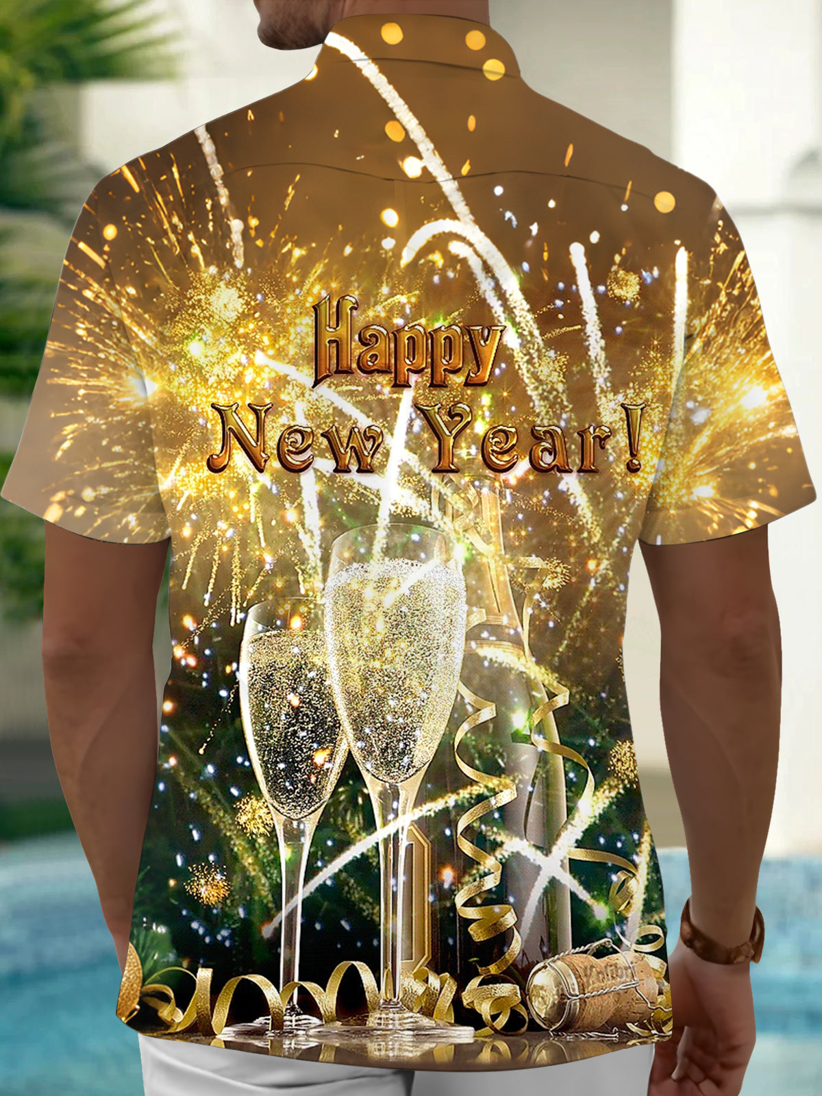 Happy New Year Champagne Print Men's Pocket Short Sleeve Shirts