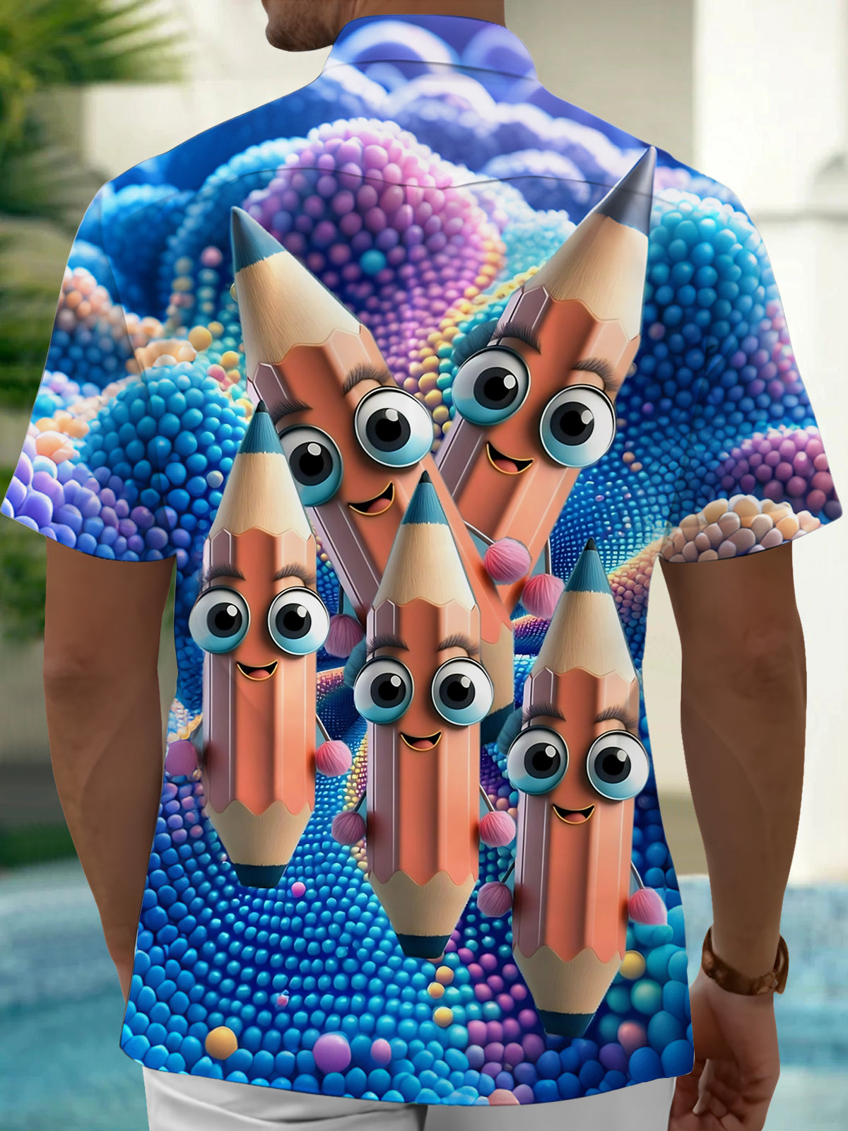 Funny Pencil Print Men's Pocket Short Sleeve Shirts