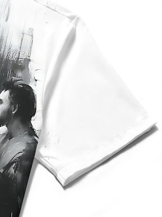 close-up detail of textured Christian Jesus Disciples print on men's pocket short sleeve shirt