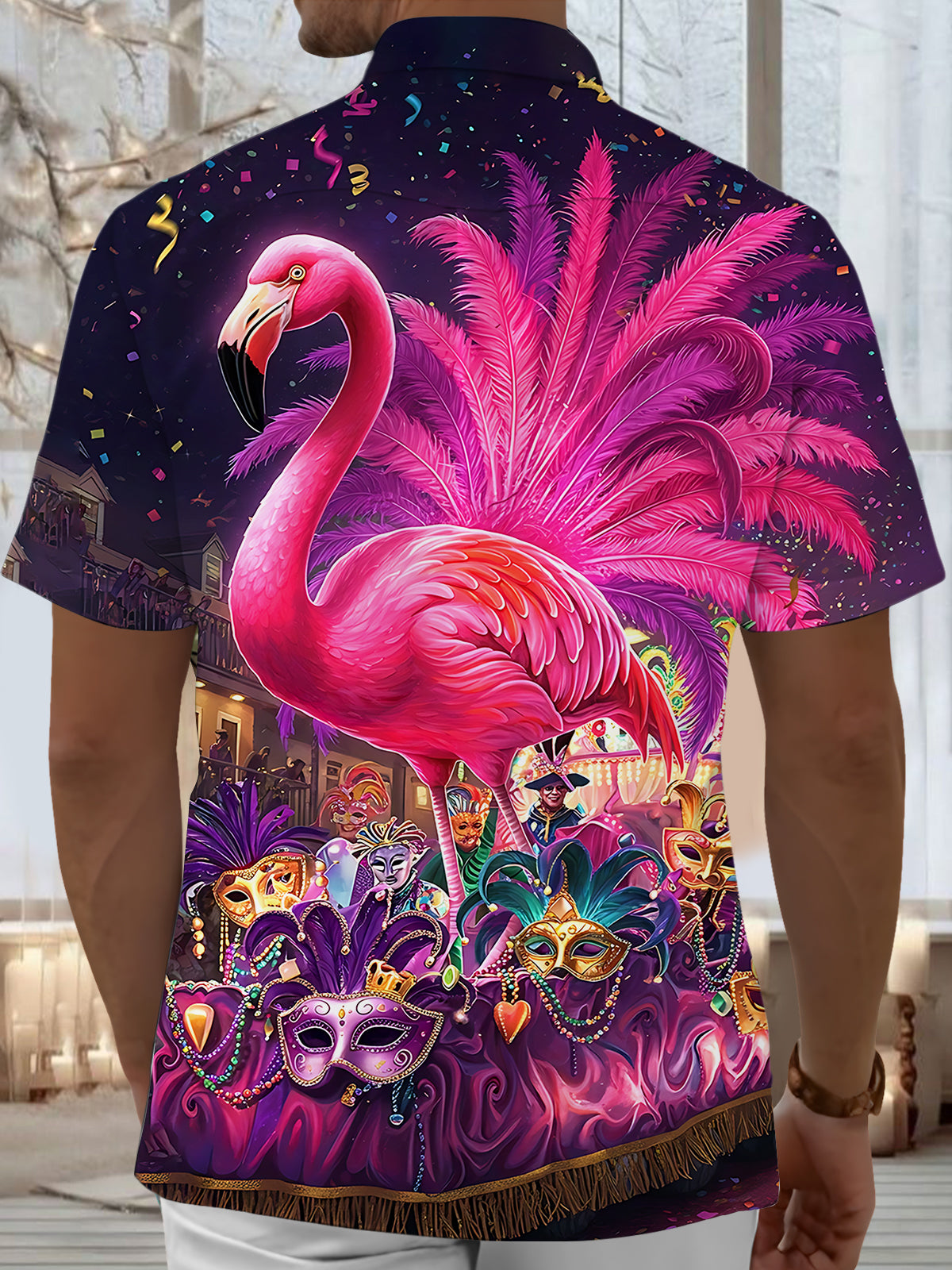Carnival Flamingo Print Men's Pocket Short Sleeve Shirts