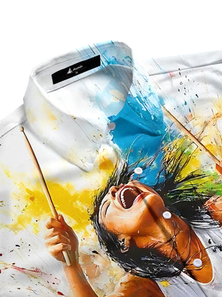 Women's music drummer print pocket short sleeve shirt side view