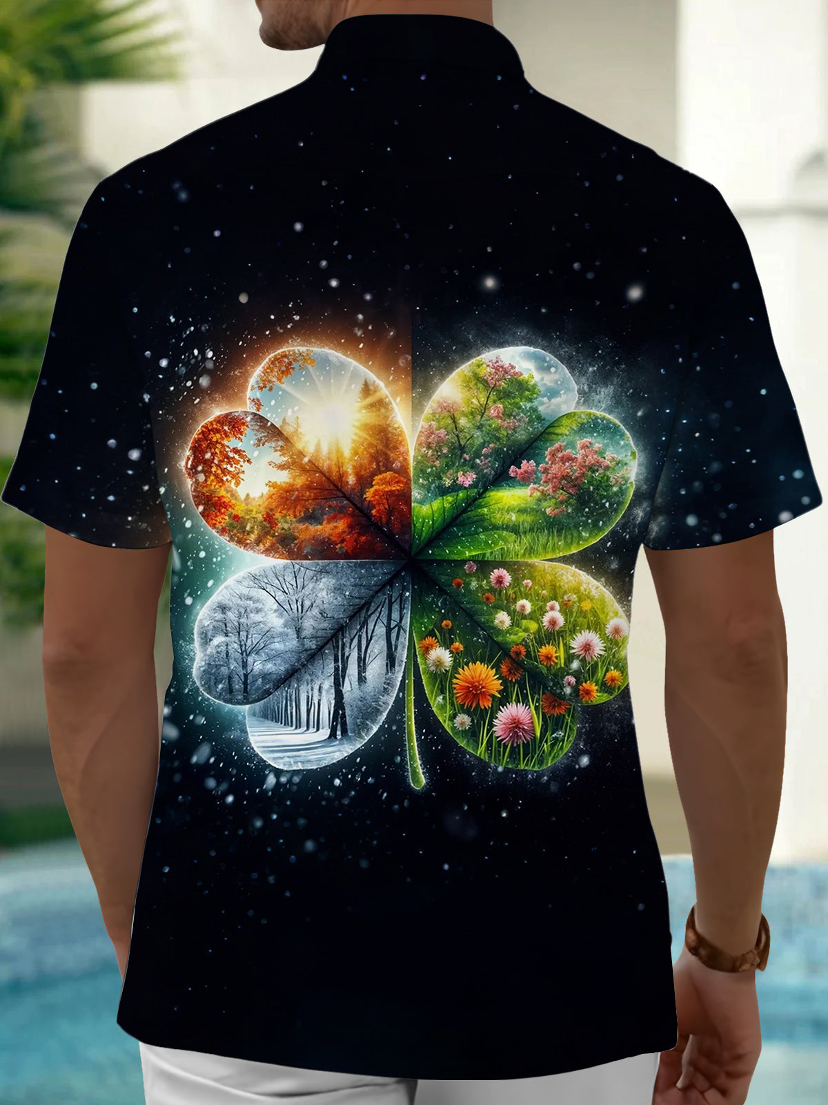 Four Leaf Clover Print Men's Pocket Short Sleeve Shirts