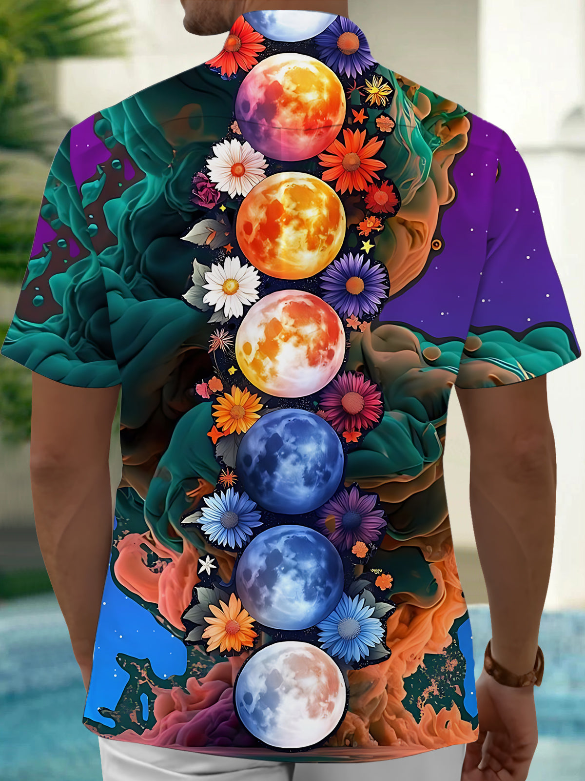 Moon Flower Print Men's Pocket Short Sleeve Shirts