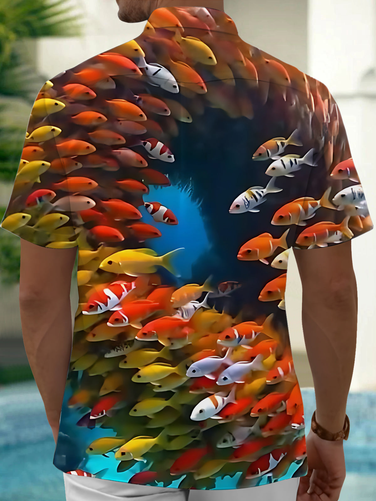 Fish School Print Men's Pocket Short Sleeve Shirts