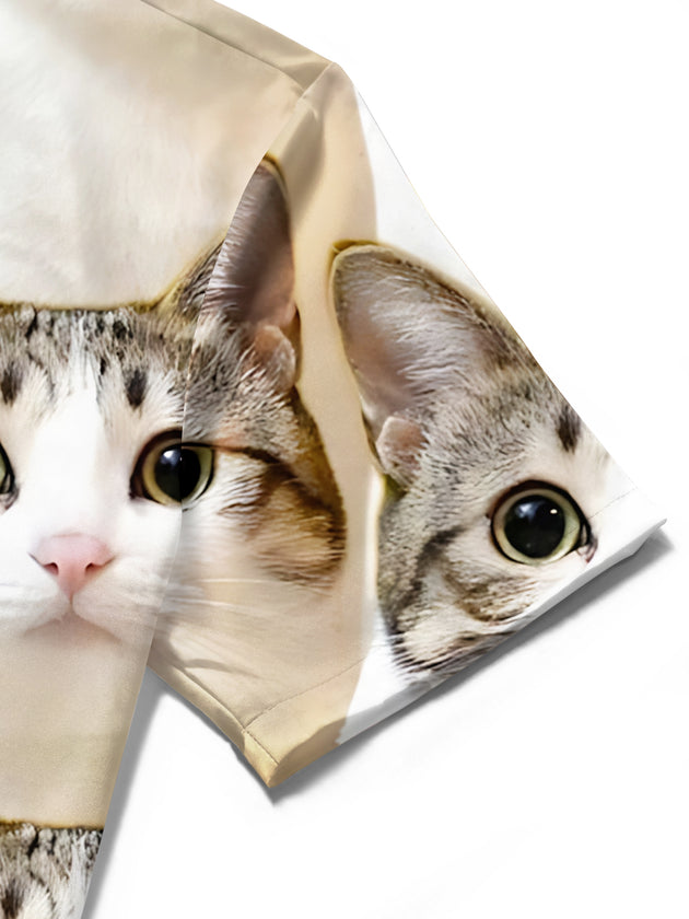 Men's cat print pocket short sleeve shirt close-up detail of stitching and fabric texture