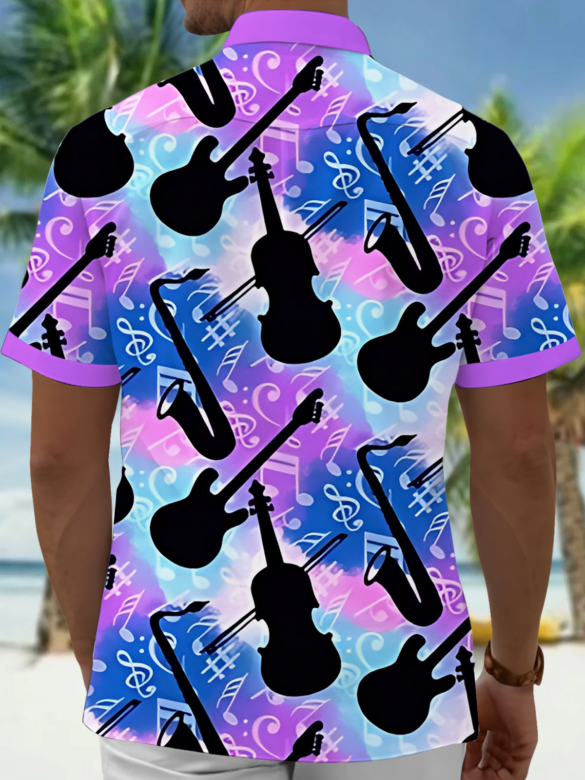 Music Note Instrument Print Men's Pocket Short Sleeve Shirts