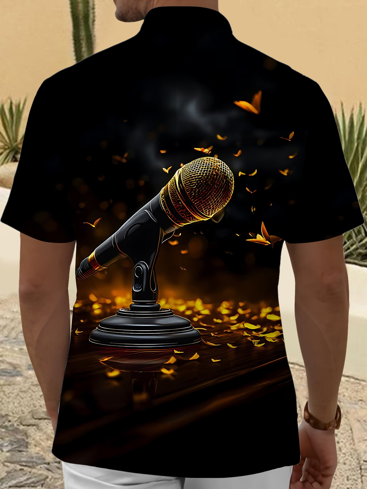 Gold Microphone Print Men's Pocket Short Sleeve Shirts