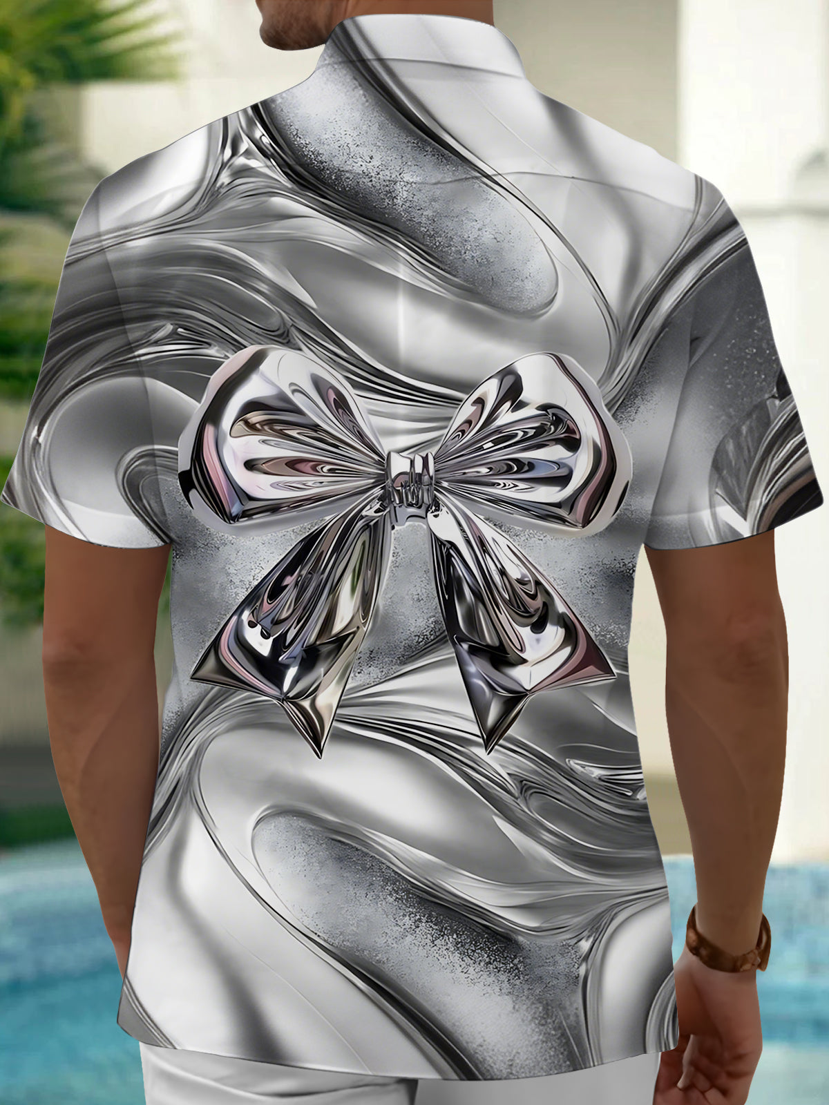 Bowknot Print Men's Pocket Short Sleeve Shirts