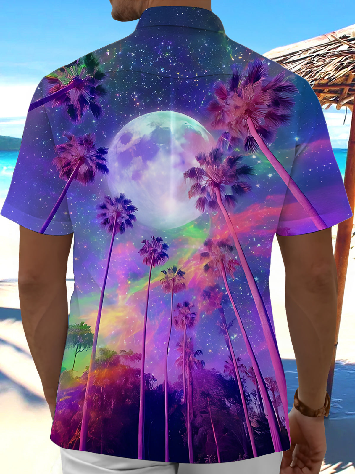 Night Sky Moon Palm Print Men's Pocket Short Sleeve Shirts