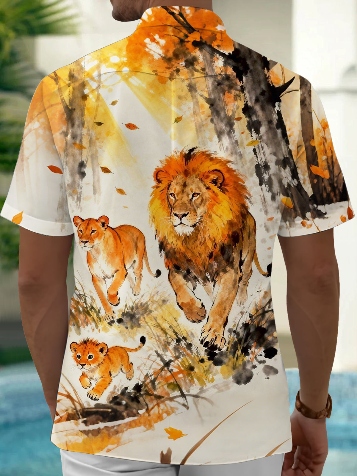 Lion Print Men's Pocket Short Sleeve Shirts