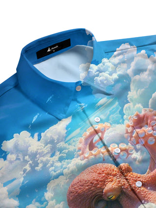 men's octopus print shirt close-up short sleeve