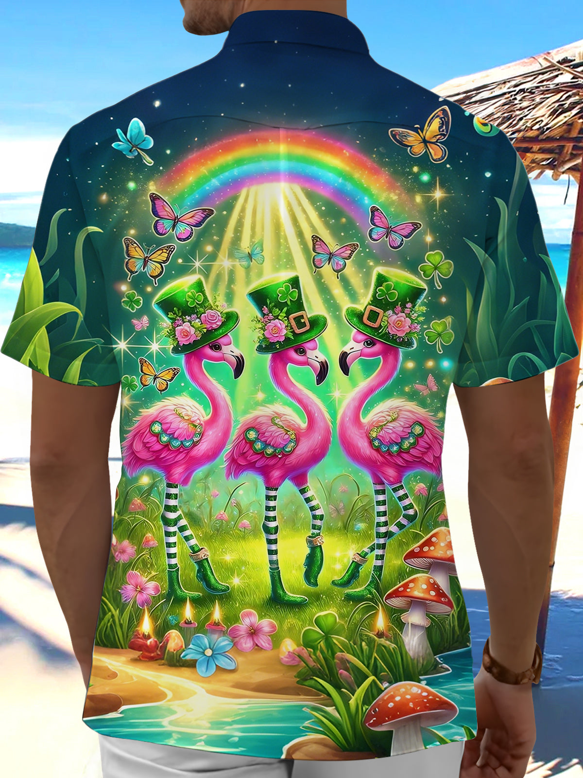 St. Patrick's Flamingo Print Men's Pocket Short Sleeve Shirts