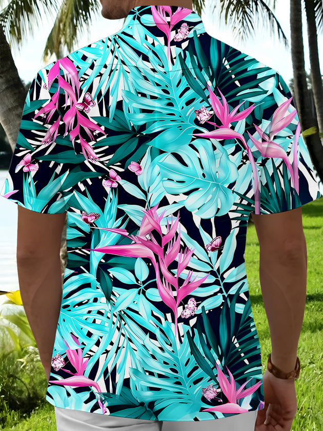 Men's Hawaiian leaf flamingo floral short sleeve shirt back view