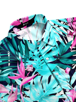 Men's aloha shirt with tropical leaf and flamingo floral print, short sleeve, side view