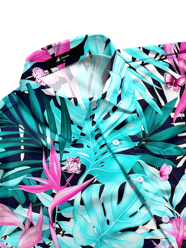 Men's aloha shirt with tropical leaf and flamingo floral print, short sleeve, side view