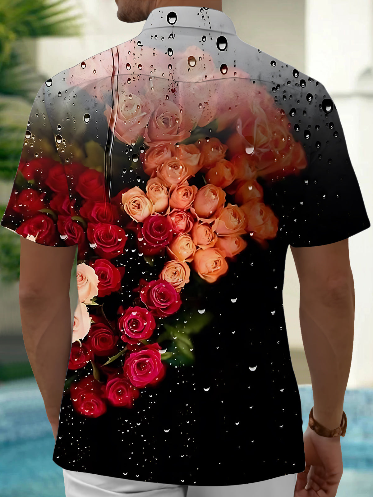 Flower Drop Print Men's Pocket Short Sleeve Shirts
