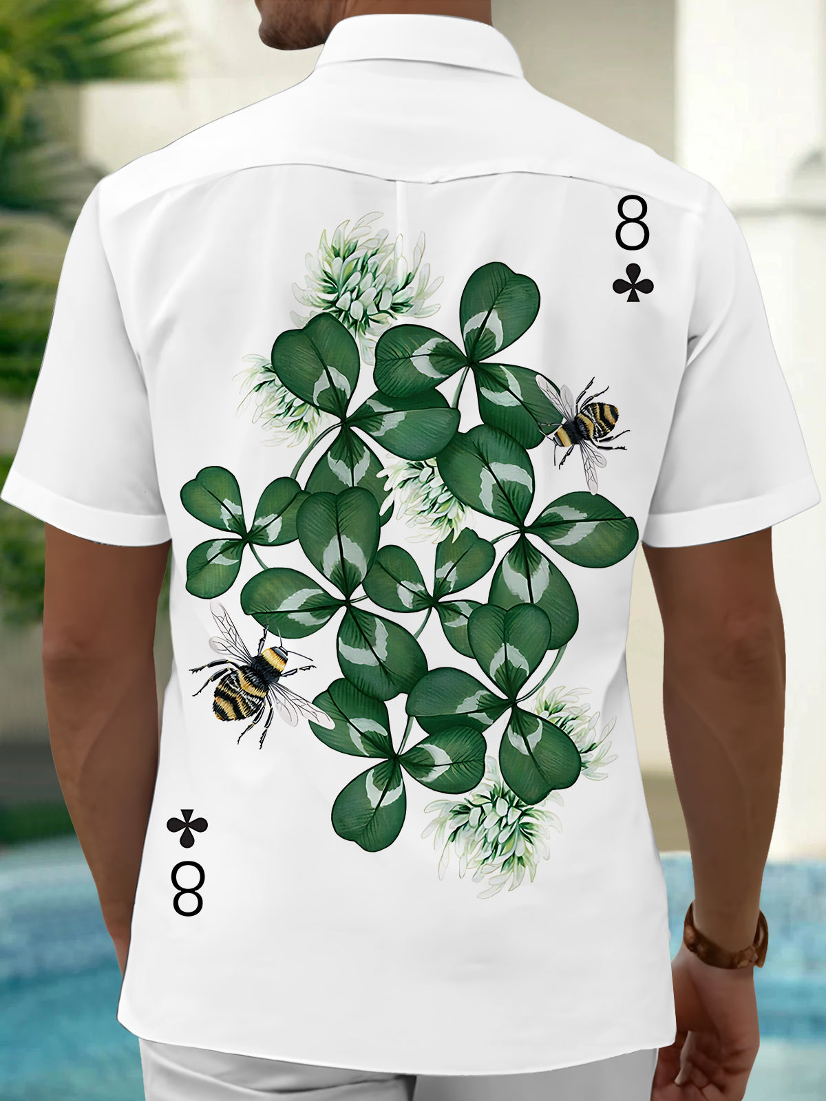 Clover Bee Poker Print Men's Pocket Short Sleeve Shirts
