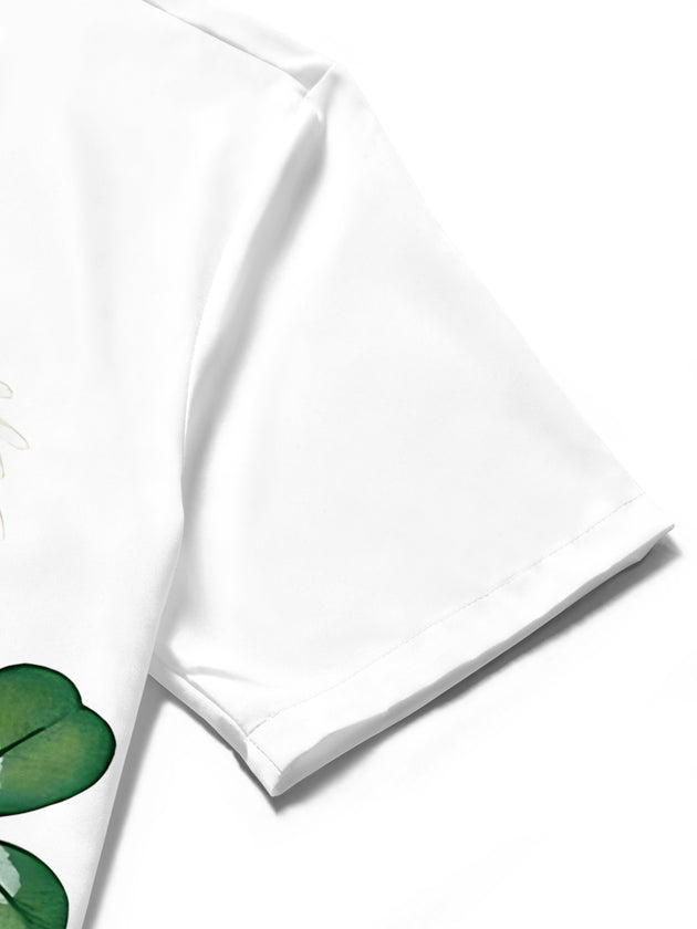 Men wearing clover bee poker print short sleeve shirt in casual lifestyle setting