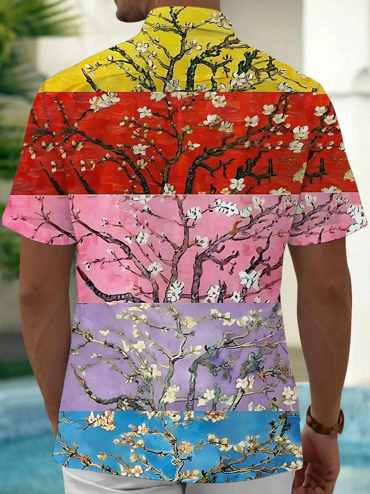 Apricot Blossom Print Men's Pocket Short Sleeve Shirts