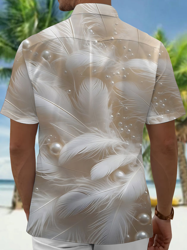 Men's white feather print short sleeve shirt back view