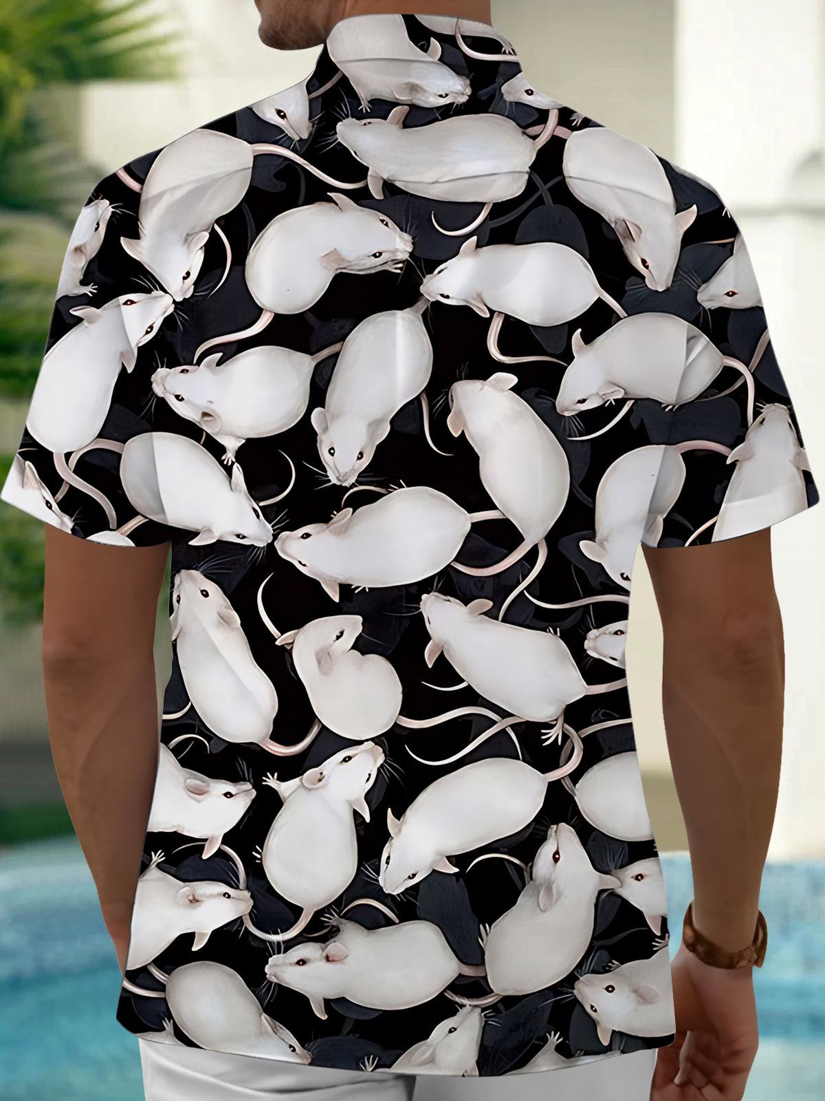 White Mouse Print Men's Pocket Short Sleeve Shirts