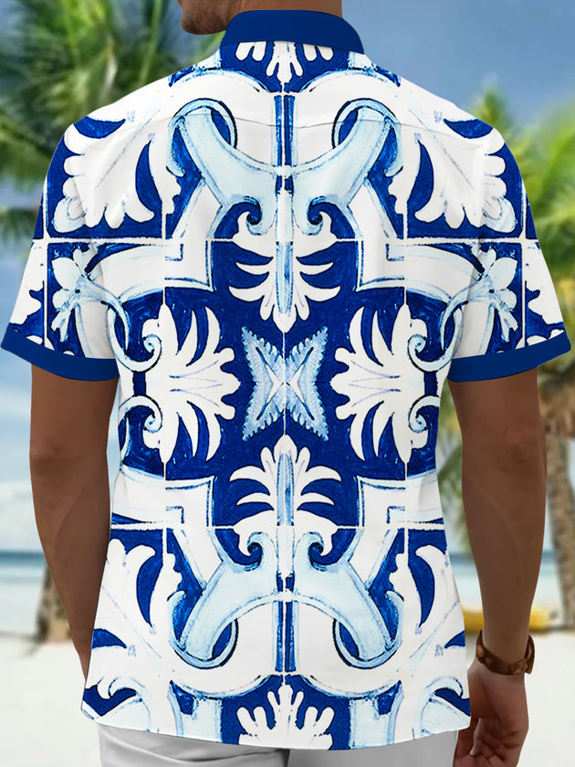 Men's back view Hawaiian floral pocket short sleeve shirt