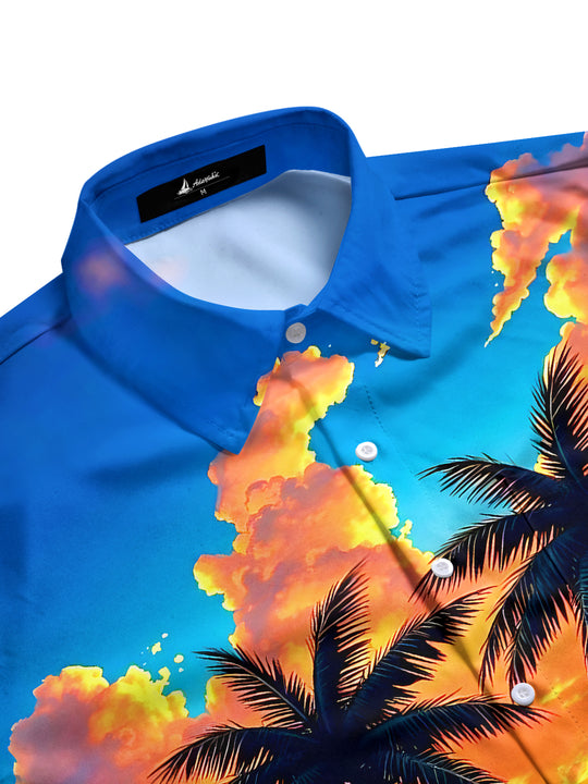 Men's tropical island print short sleeve shirt side view
