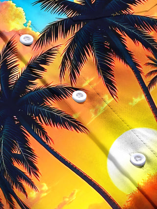 Men's aloha pattern short sleeve shirt flat lay showcasing coconut tree sunset boat design