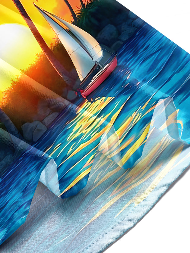 Hawaiian Coconut Tree Sunset Boat Men's Pocket Short Sleeve Shirts