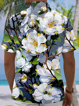 Men's blue floral short sleeve Hawaiian shirt back view