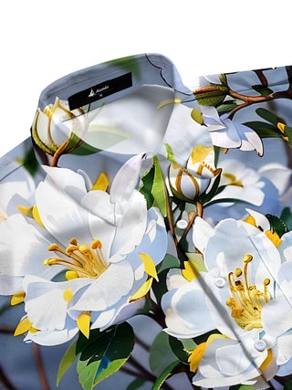 Men's tropical aloha shirt side view with botanical print