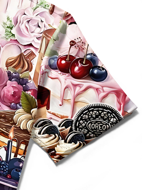 Men's cake print short sleeve shirt close-up detail of pocket fabric texture
