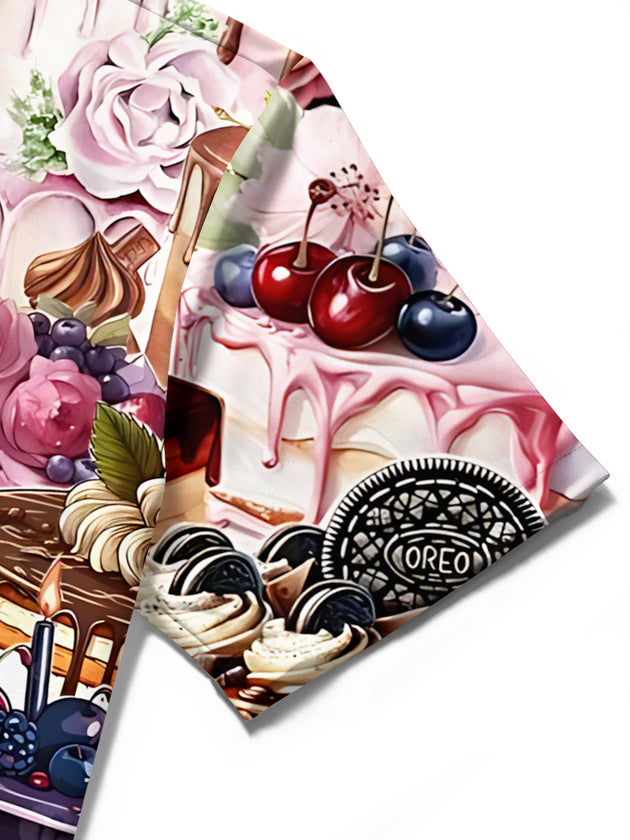 Men's cake print short sleeve shirt close-up detail of pocket fabric texture