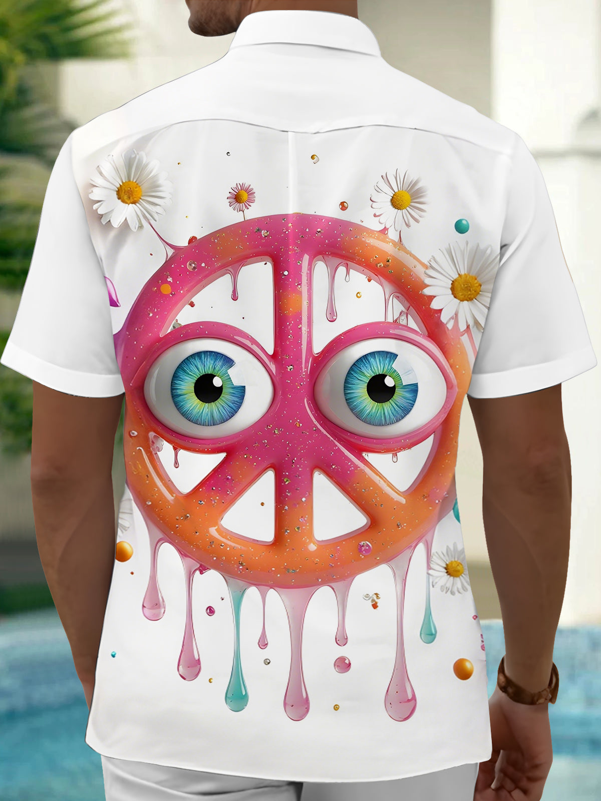 Funny Peace Sign Eye Print Men's Pocket Short Sleeve Shirts