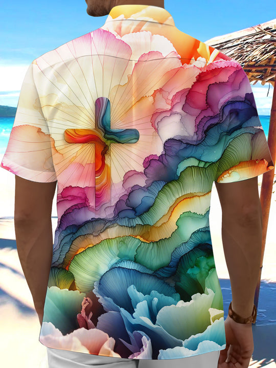 Men's colorful gradient cross print short sleeve shirt back view