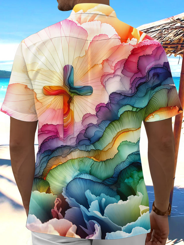 Men's colorful gradient cross print short sleeve shirt back view