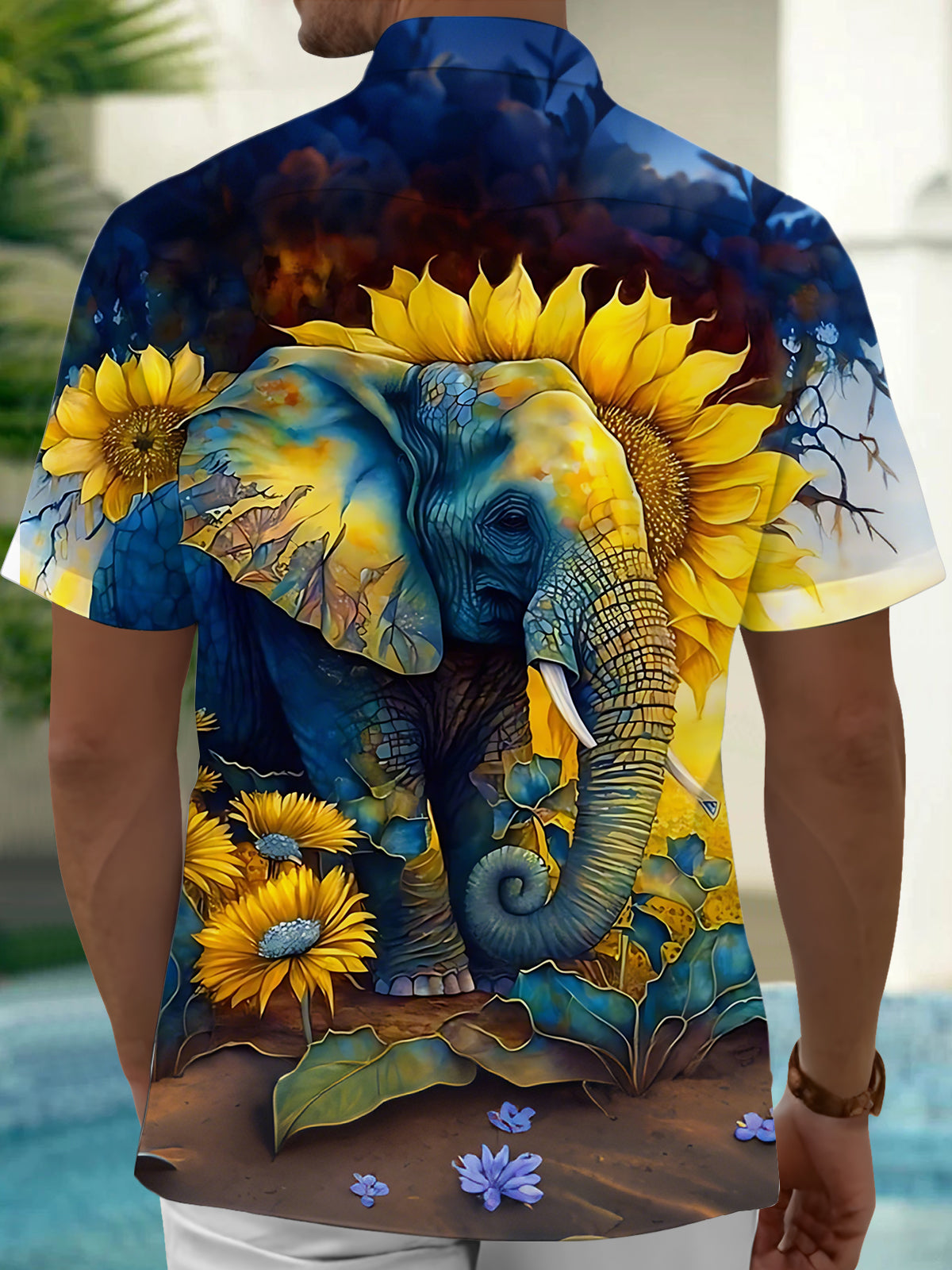 Elephant Sunflower Print Men's Pocket Short Sleeve Shirts