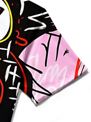 Men's abstract print short sleeve shirt close-up fabric texture detail