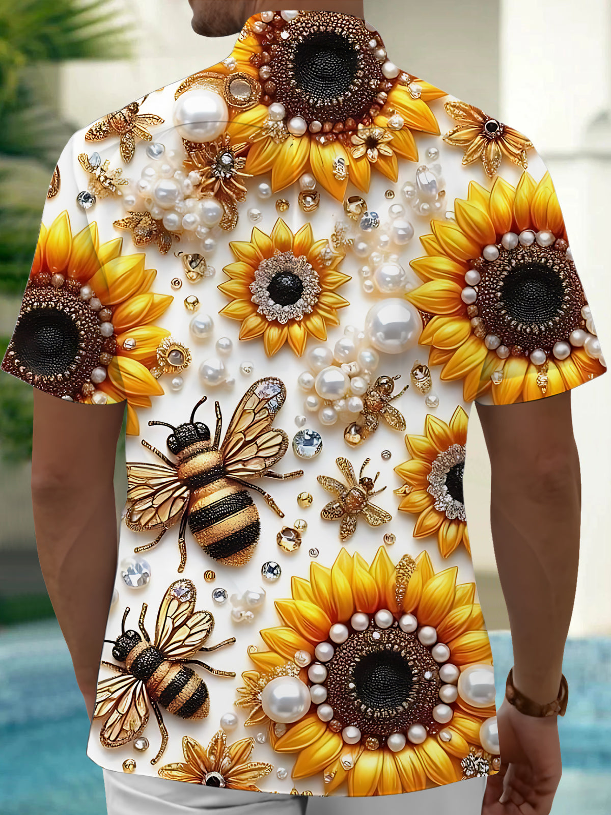 Sunflower Bee Pearl Print Men's Pocket Short Sleeve Shirts