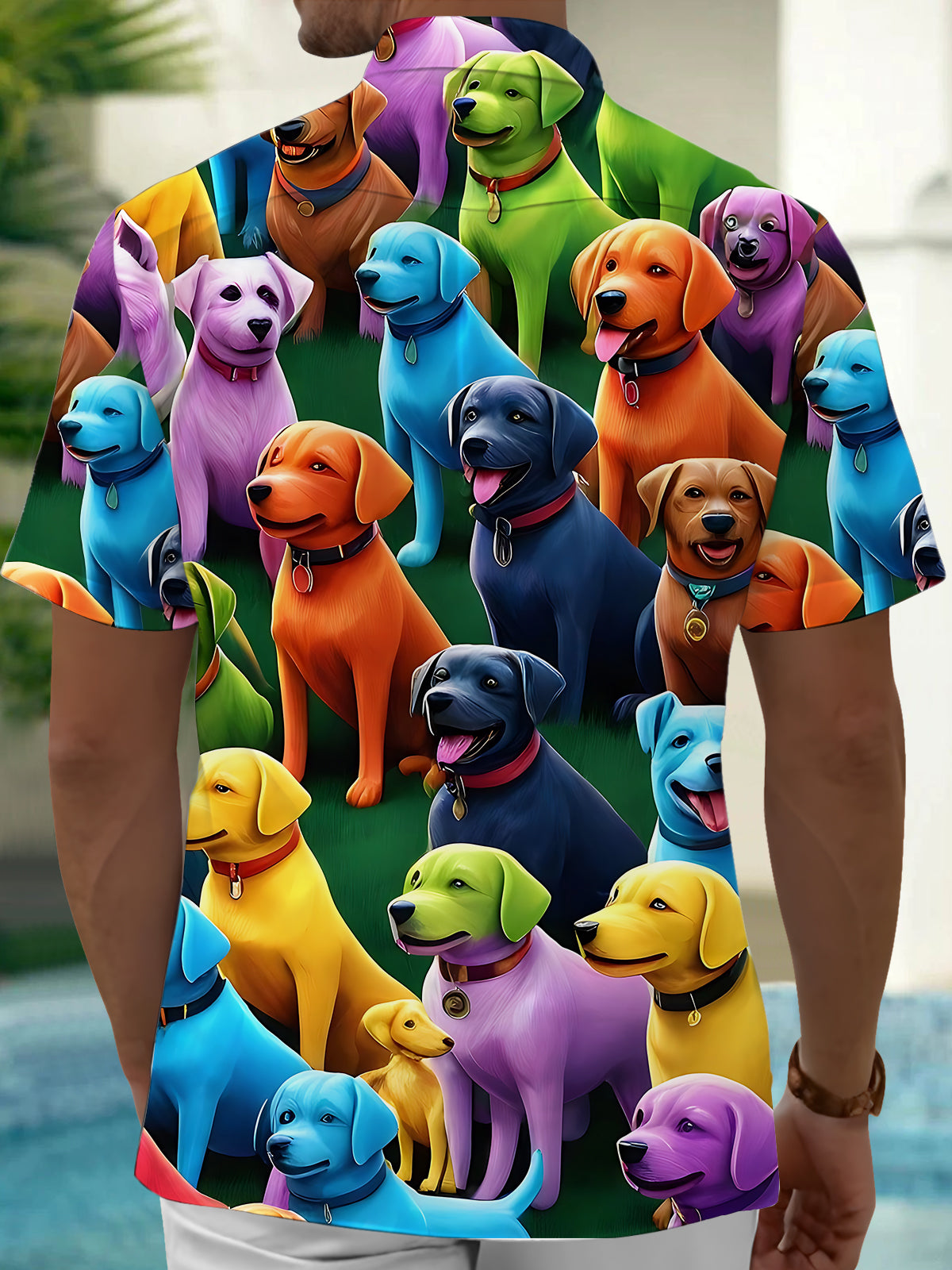 Colorful Dog Print Men's Pocket Short Sleeve Shirts